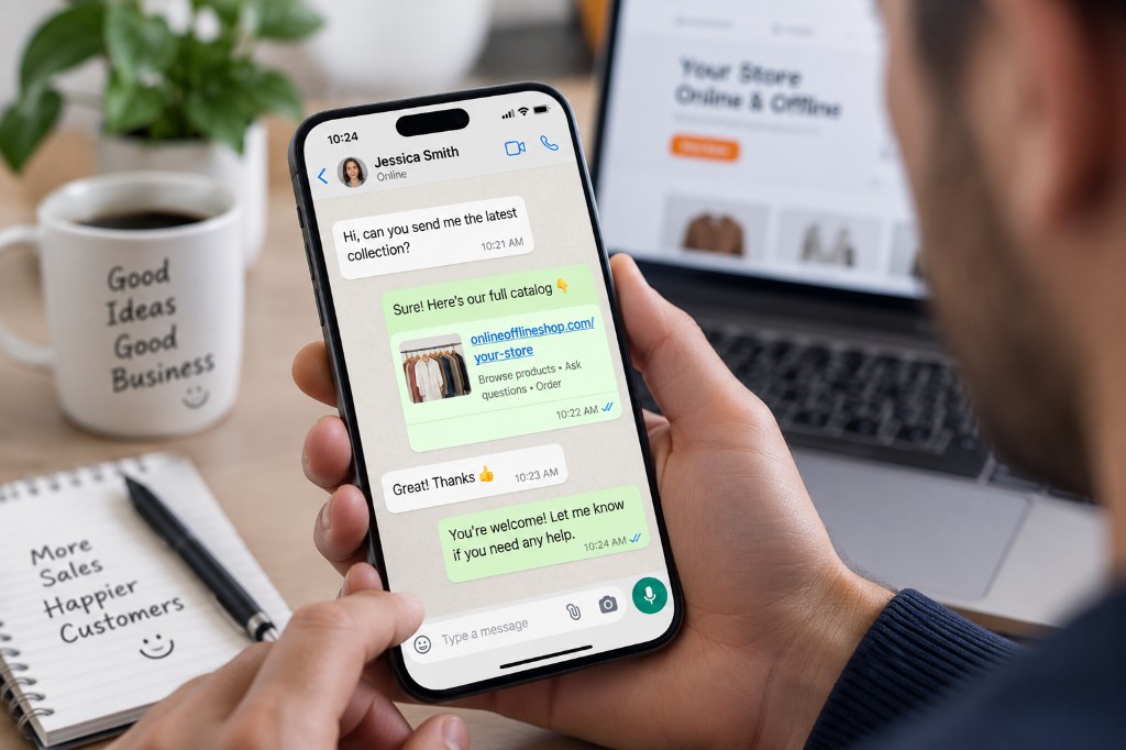 Sharing one OnlineOfflineShop catalog link on WhatsApp